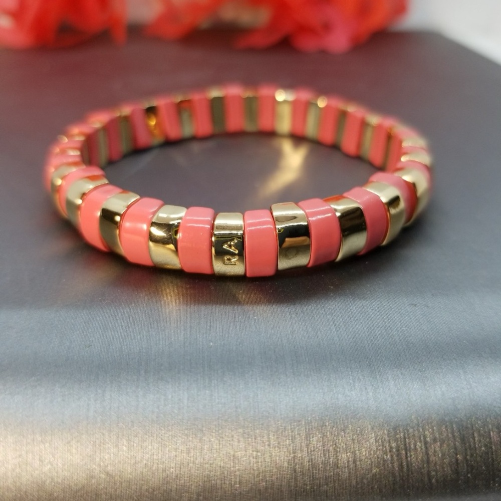 Roxanne Assoulin Coral and Gold Tile Stretch Bracelet